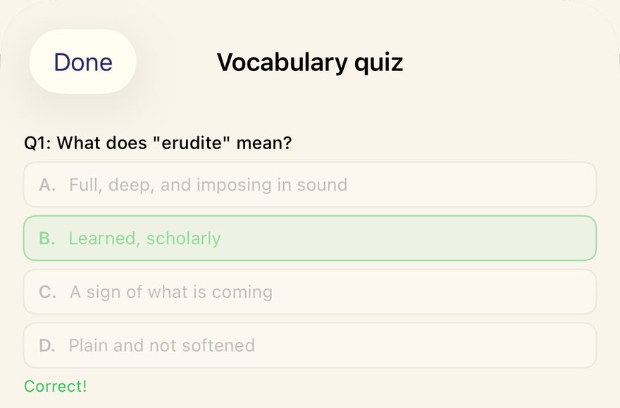Vocabulary quiz: erudite answered correctly as learned, scholarly.