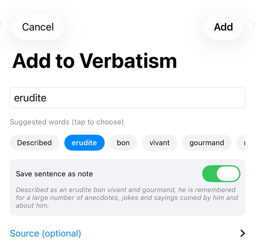 Add to Verbatism share sheet, with erudite selected from a sentence.